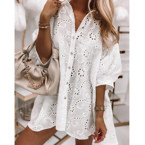 Boho Eyelet Puff Sleeve Button Down Shirt Dress - Picture 4 of 8